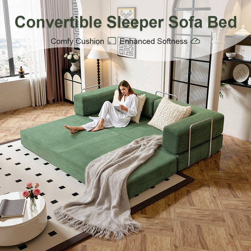 78.7" Convertible Modular Sofa Bed, Oversized Corduroy Cloud Couch, Folding Sleeper Sofa for Living Room, Bedroom & Guest Room Olive Green 4 Colors