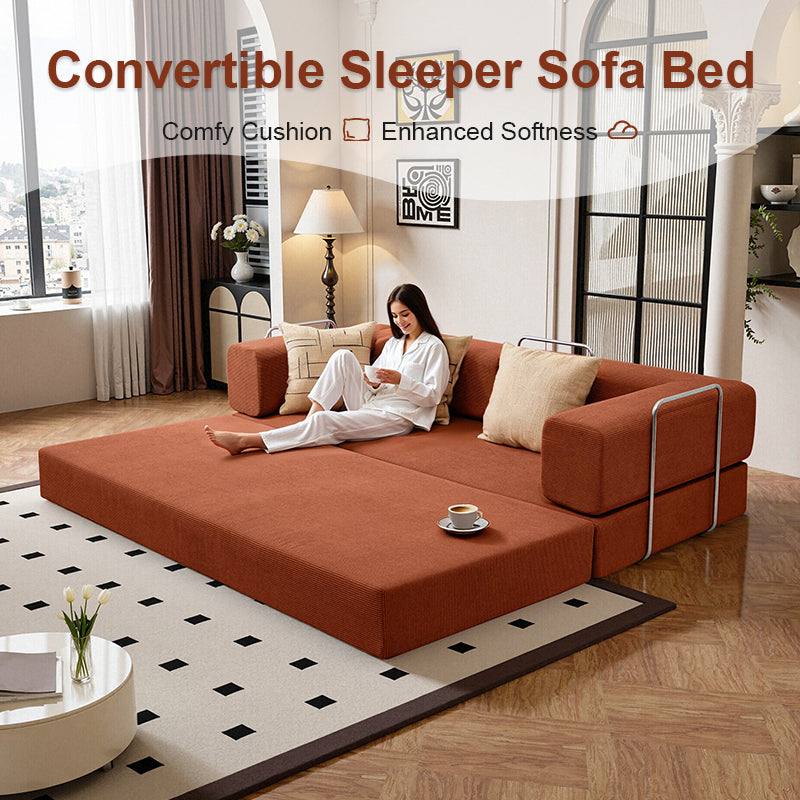 78.7" Convertible Modular Sofa Bed, Oversized Corduroy Cloud Couch, Folding Sleeper Sofa for Living Room, Bedroom & Guest Room Orange 4 Colors