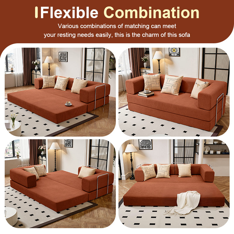 78.7" Convertible Modular Sofa Bed, Oversized Corduroy Cloud Couch, Folding Sleeper Sofa for Living Room, Bedroom & Guest Room Orange 4 Colors