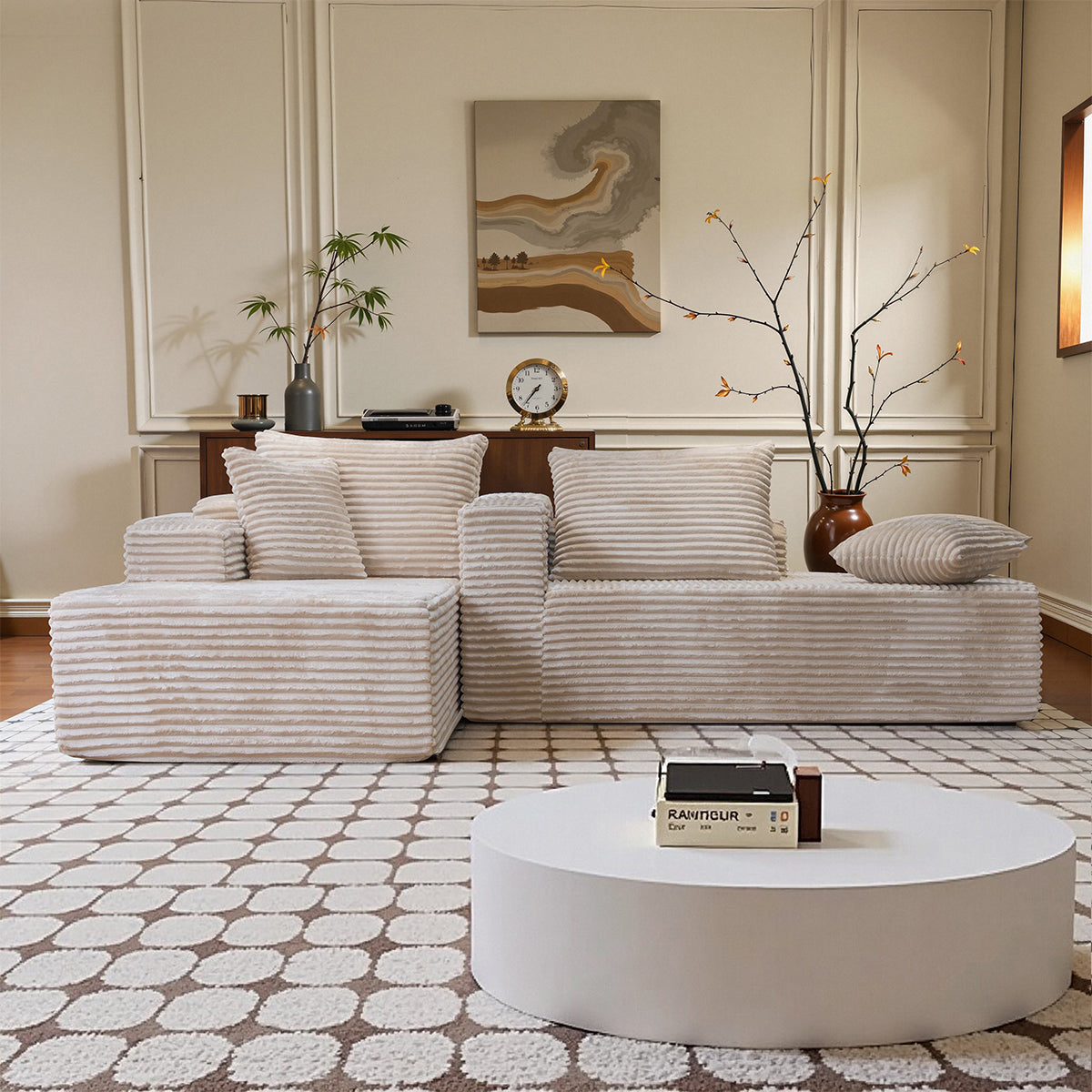 73" W X 67" DOversized Double Chaise Lounge, Boneless Cloud Sectional Couch with 6 Pillows, Comfy Plush Corduroy Sofa Bed, Loveseat Sleeper Chair for Living Room Bedroom Reading, Beige