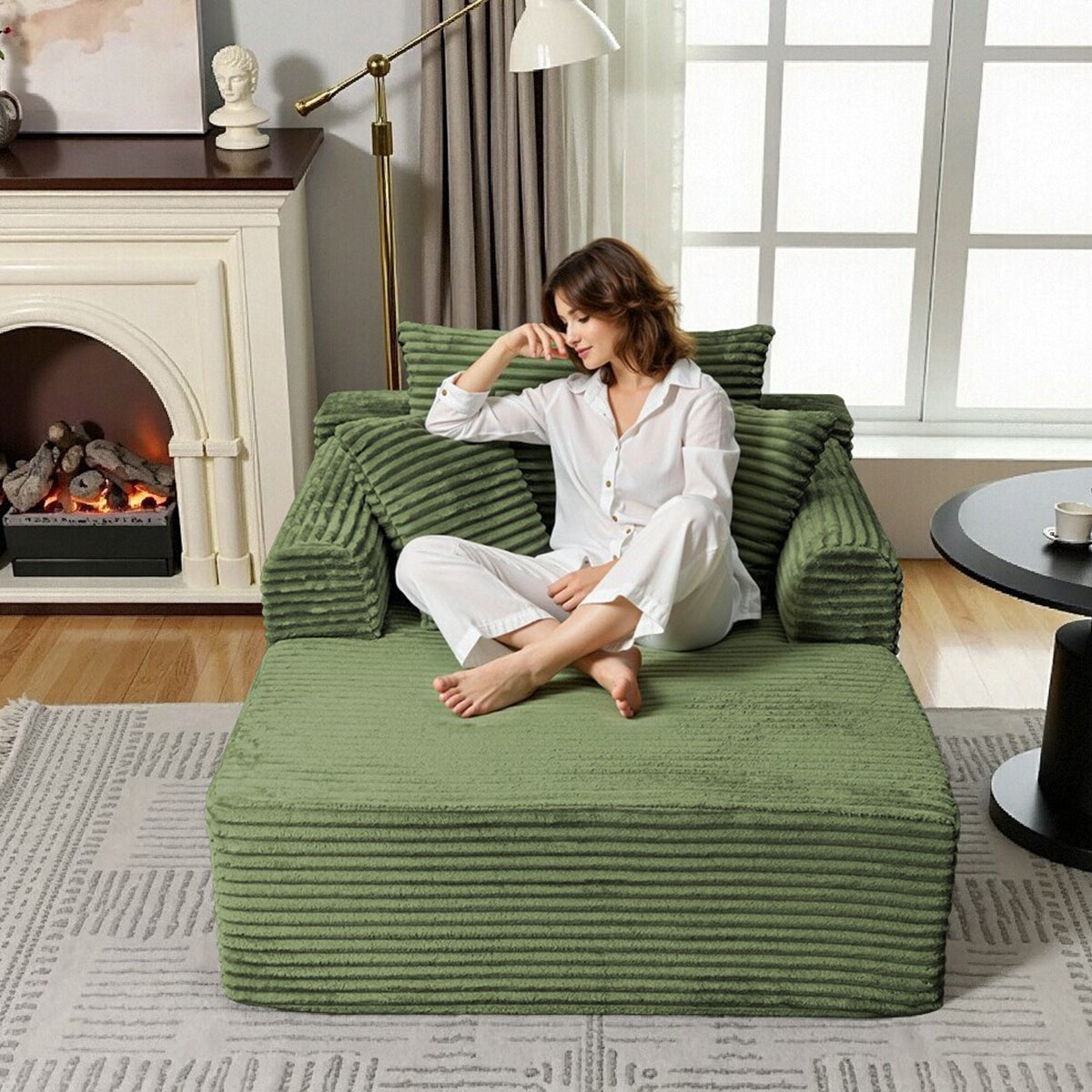 Oversized Chaise Lounge Chair Indoor, Upholstered Corduroy Sleeper Sofa Chair Boneless Couch with 2 Pillows, Comfy Cloud Couch for Living Room, No Assembly Required, Green 3 Colors