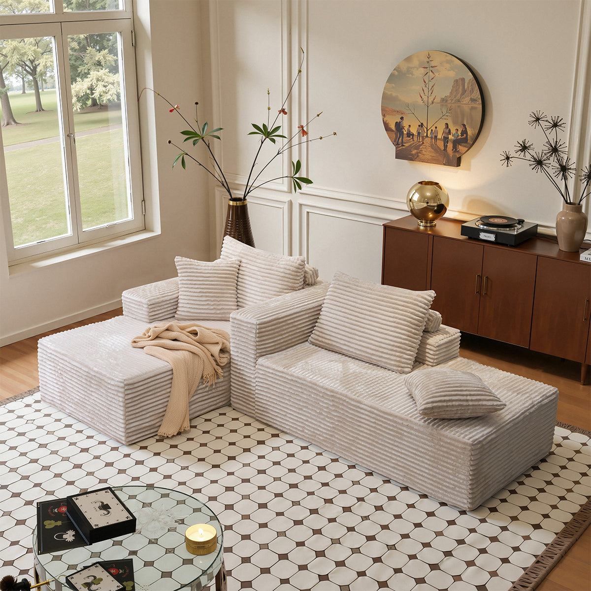 73" W X 67" DOversized Double Chaise Lounge, Boneless Cloud Sectional Couch with 6 Pillows, Comfy Plush Corduroy Sofa Bed, Loveseat Sleeper Chair for Living Room Bedroom Reading, Beige