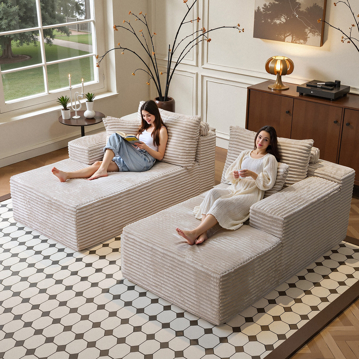 73" W X 67" DOversized Double Chaise Lounge, Boneless Cloud Sectional Couch with 6 Pillows, Comfy Plush Corduroy Sofa Bed, Loveseat Sleeper Chair for Living Room Bedroom Reading, Beige