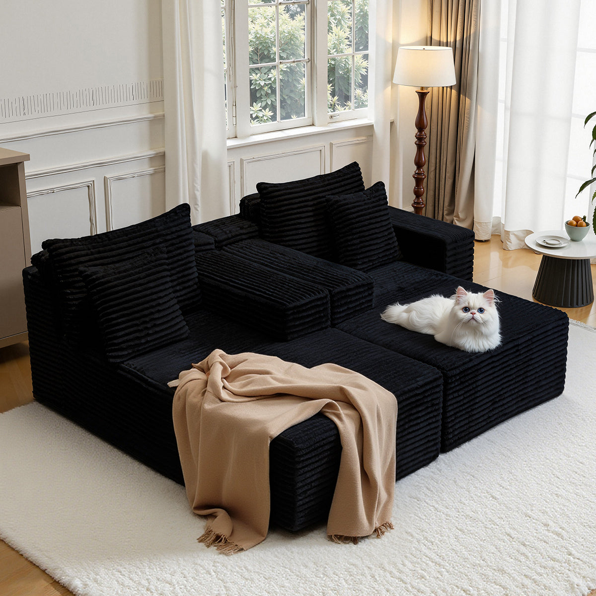 73" W X 67" DOversized Double Chaise Lounge, Boneless Cloud Sectional Couch with 6 Pillows, Comfy Plush Corduroy Sofa Bed, Loveseat Sleeper Chair for Living Room Bedroom Reading, Beige