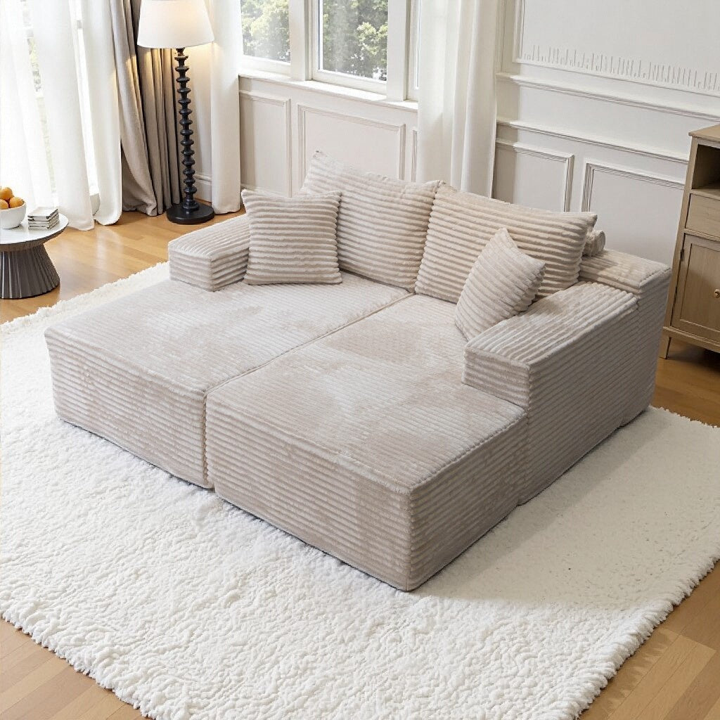 73" W X 67" DOversized Double Chaise Lounge, Boneless Cloud Sectional Couch with 6 Pillows, Comfy Plush Corduroy Sofa Bed, Loveseat Sleeper Chair for Living Room Bedroom Reading, Beige