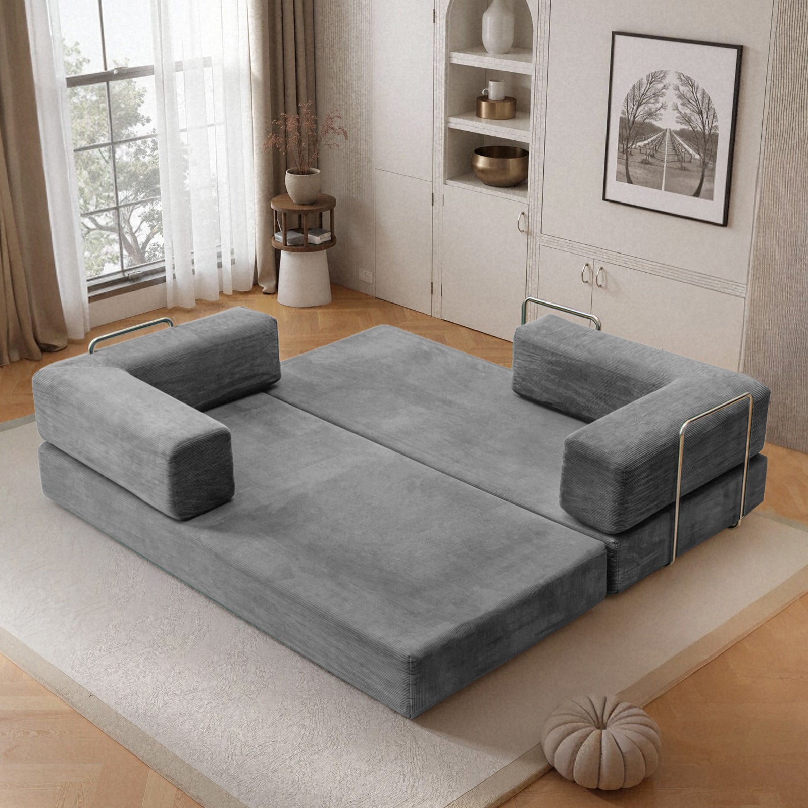 78.7" Convertible Modular Sofa Bed, Oversized Corduroy Cloud Couch, Folding Sleeper Sofa for Living Room, Bedroom & Guest Room Light Gray 4 Colors