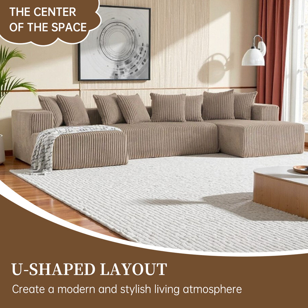 132 Inch Cloud Sectional Couch with L-Shape Chaise,Modern Upholstered Couches with Deep Seat,Corduroy Sponge Compressed Sofa for Living Room, Bedroom,No Assembly Required (Khaki, U-Shaped Sofa)
