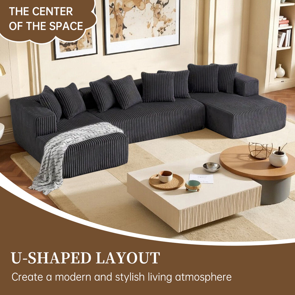 132 Inch Cloud Sectional Couch with L-Shape Chaise,Modern Upholstered Couches with Deep Seat,Corduroy Sponge Compressed Sofa for Living Room, Bedroom,No Assembly Required (Dark Gray, U-Shaped Sofa)