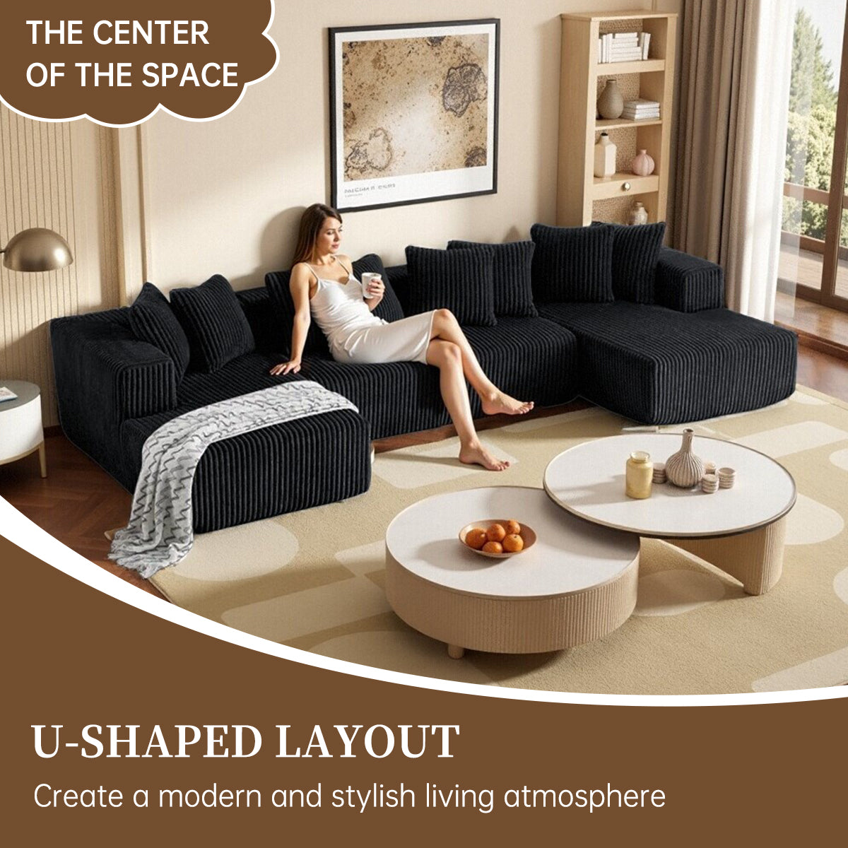 132 Inch Cloud Sectional Couch with L-Shape Chaise,Modern Upholstered Couches with Deep Seat,Corduroy Sponge Compressed Sofa for Living Room, Bedroom,No Assembly Required (Dark Gray, U-Shaped Sofa)