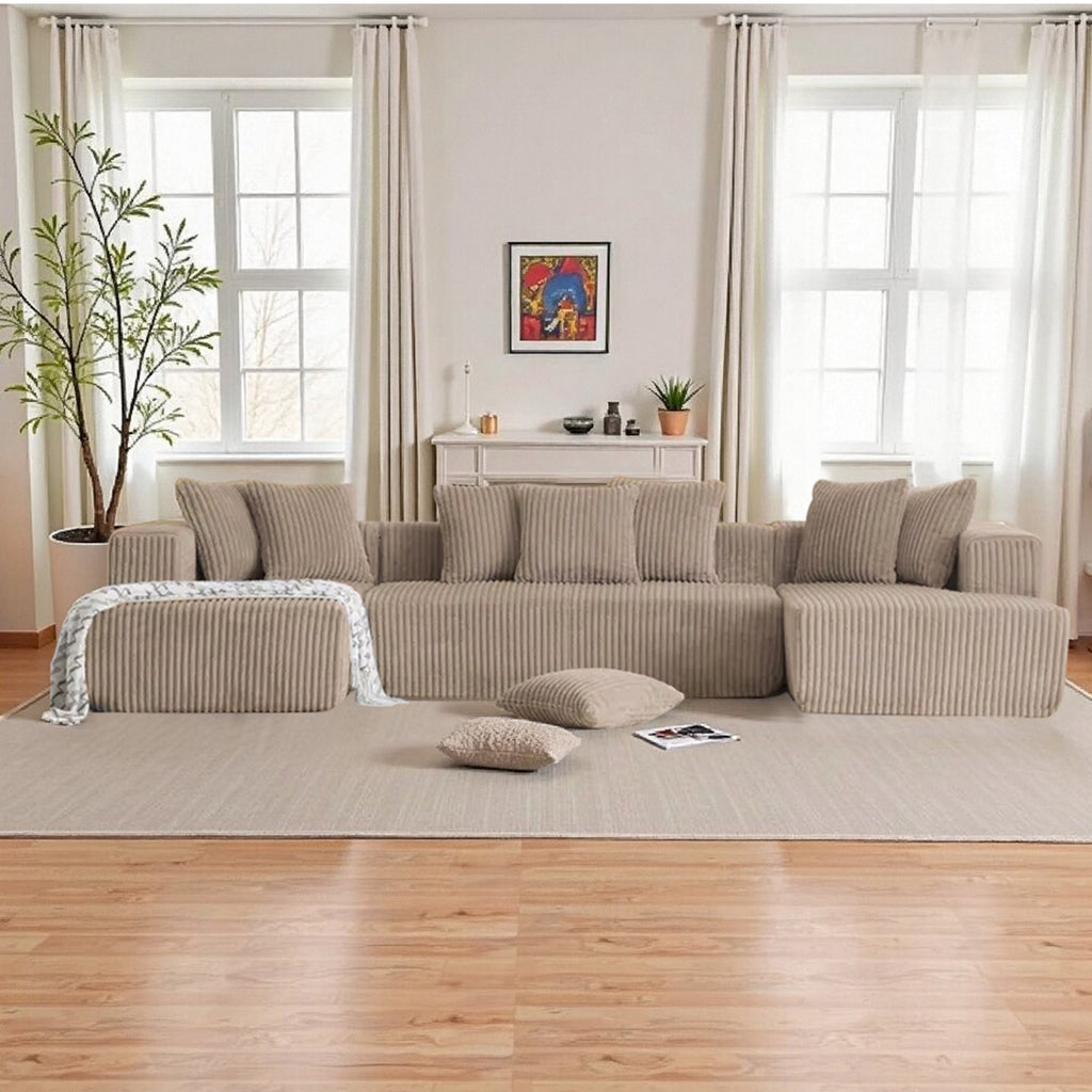 132 Inch Cloud Sectional Couch with L-Shape Chaise,Modern Upholstered Couches with Deep Seat,Corduroy Sponge Compressed Sofa for Living Room, Bedroom,No Assembly Required (Khaki, U-Shaped Sofa)