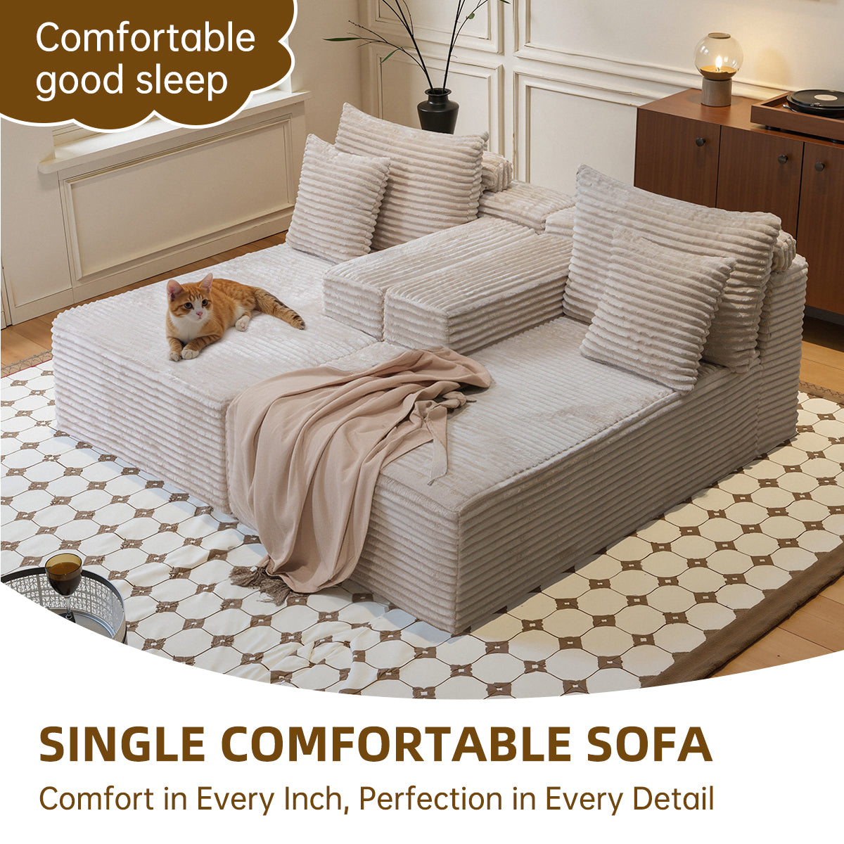 73" W X 67" DOversized Double Chaise Lounge, Boneless Cloud Sectional Couch with 6 Pillows, Comfy Plush Corduroy Sofa Bed, Loveseat Sleeper Chair for Living Room Bedroom Reading, Beige