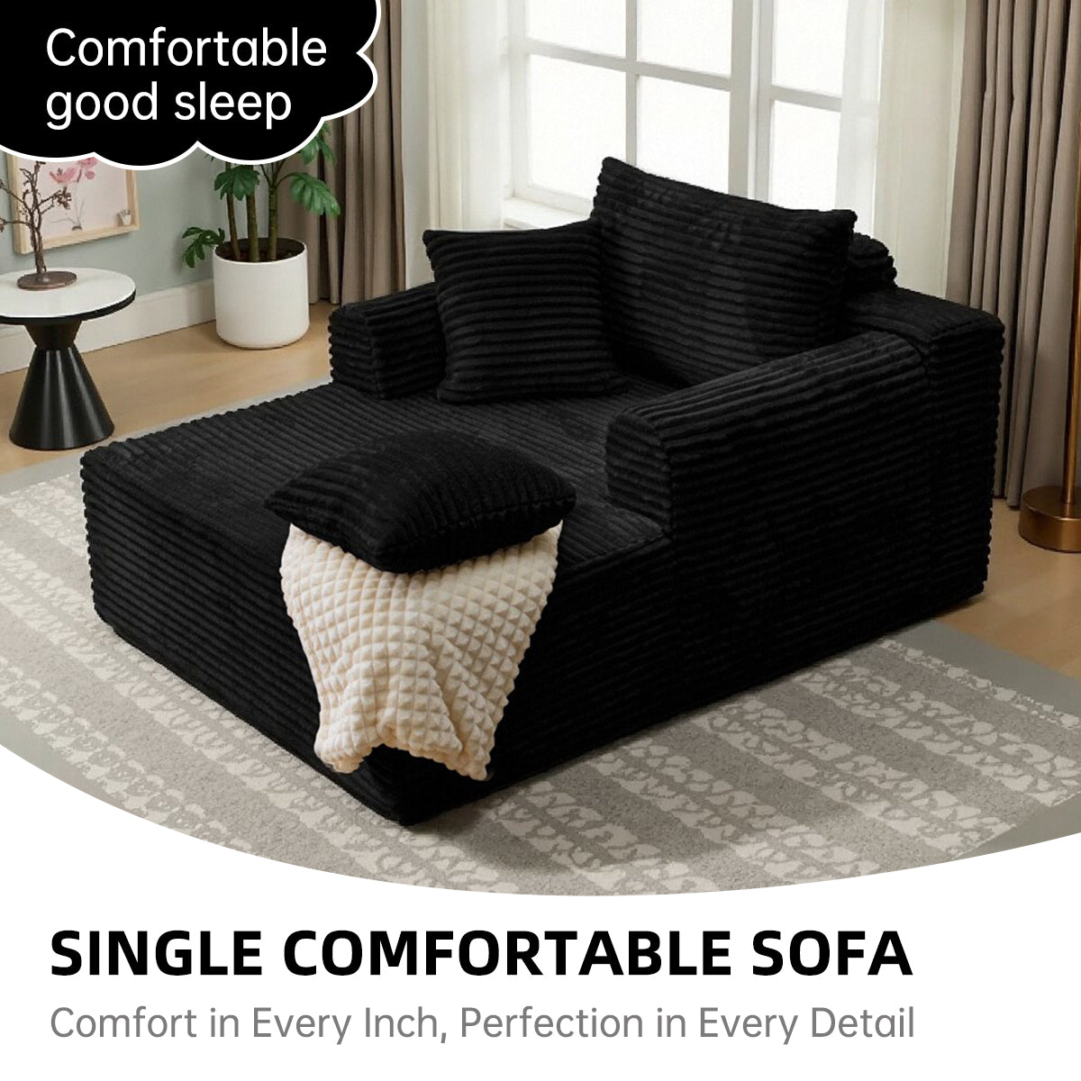 Oversized Chaise Lounge Chair Indoor, Upholstered Corduroy Sleeper Sofa Chair Boneless Couch with 2 Pillows, Comfy Cloud Couch for Living Room, No Assembly Required, Black 3 Colors