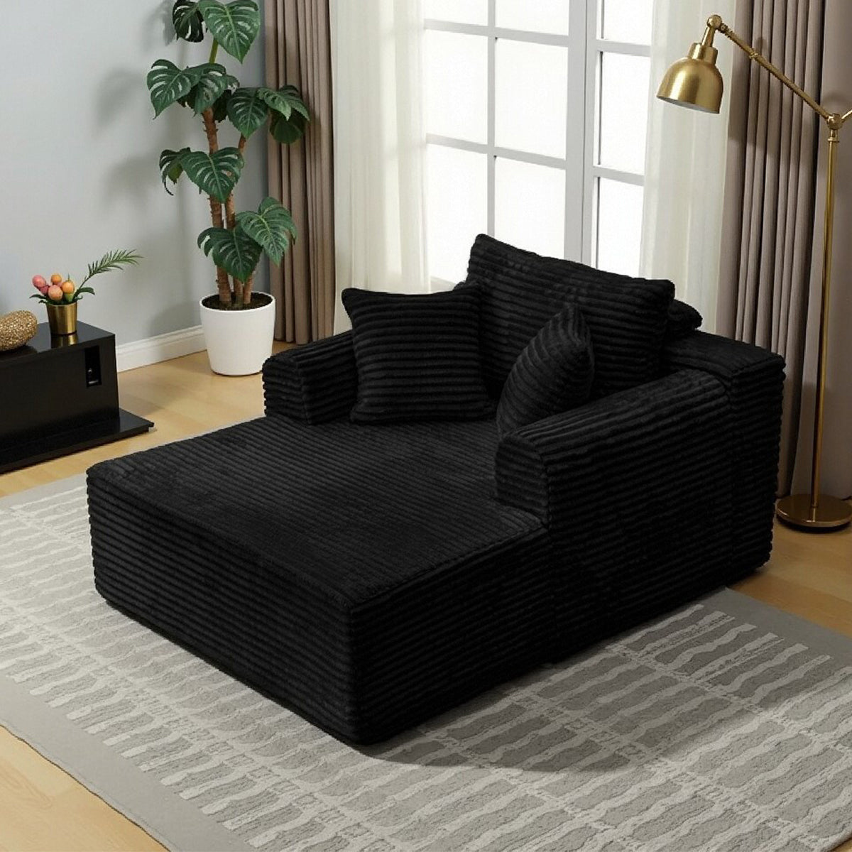 Oversized Chaise Lounge Chair Indoor, Upholstered Corduroy Sleeper Sofa Chair Boneless Couch with 2 Pillows, Comfy Cloud Couch for Living Room, No Assembly Required, Black 3 Colors