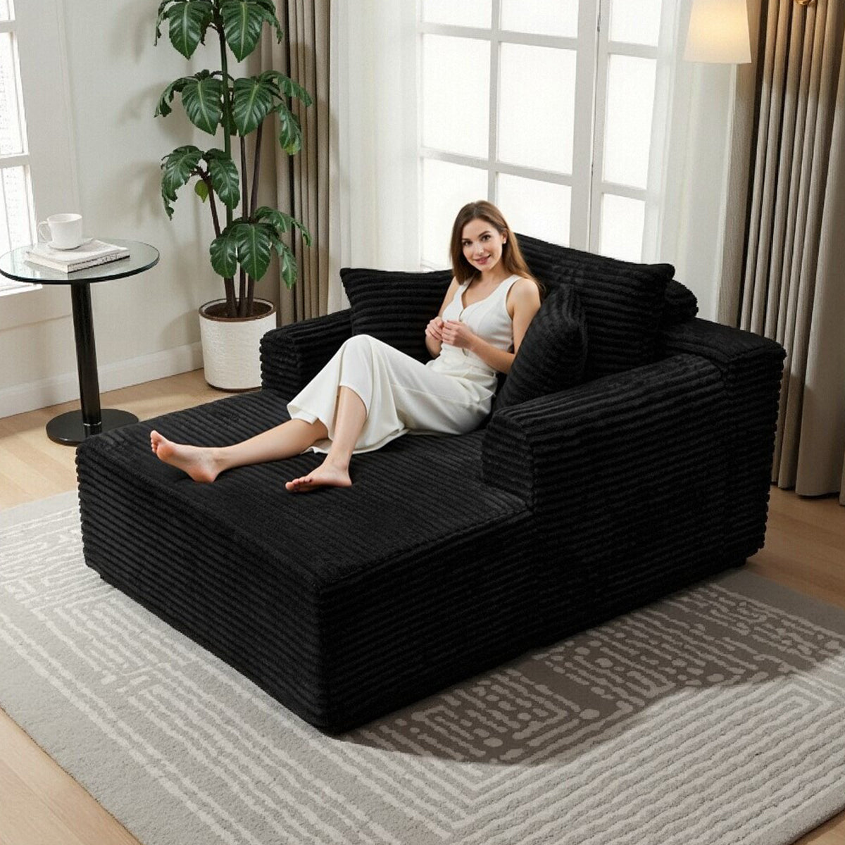 Oversized Chaise Lounge Chair Indoor, Upholstered Corduroy Sleeper Sofa Chair Boneless Couch with 2 Pillows, Comfy Cloud Couch for Living Room, No Assembly Required, Green 3 Colors