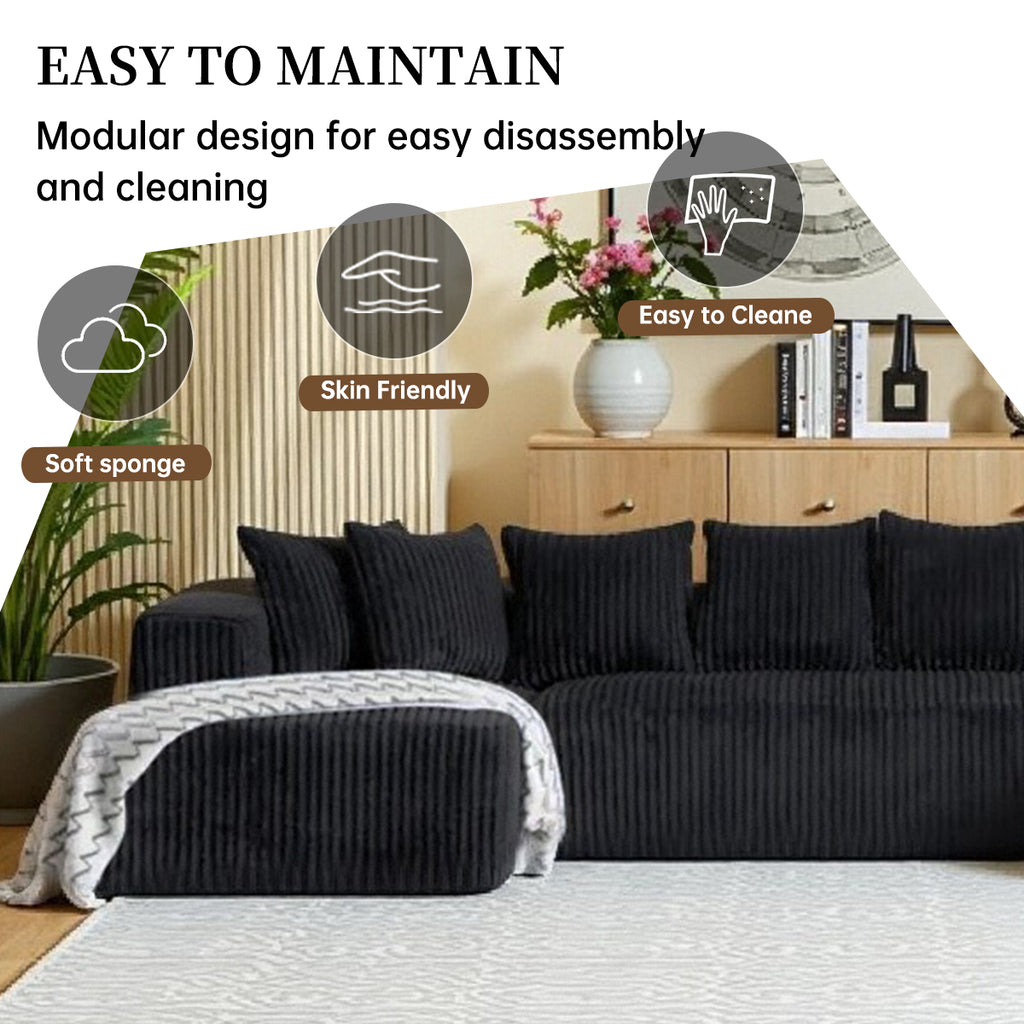132 Inch Cloud Sectional Couch with L-Shape Chaise,Modern Upholstered Couches with Deep Seat,Corduroy Sponge Compressed Sofa for Living Room, Bedroom,No Assembly Required (Black, U-Shaped Sofa)
