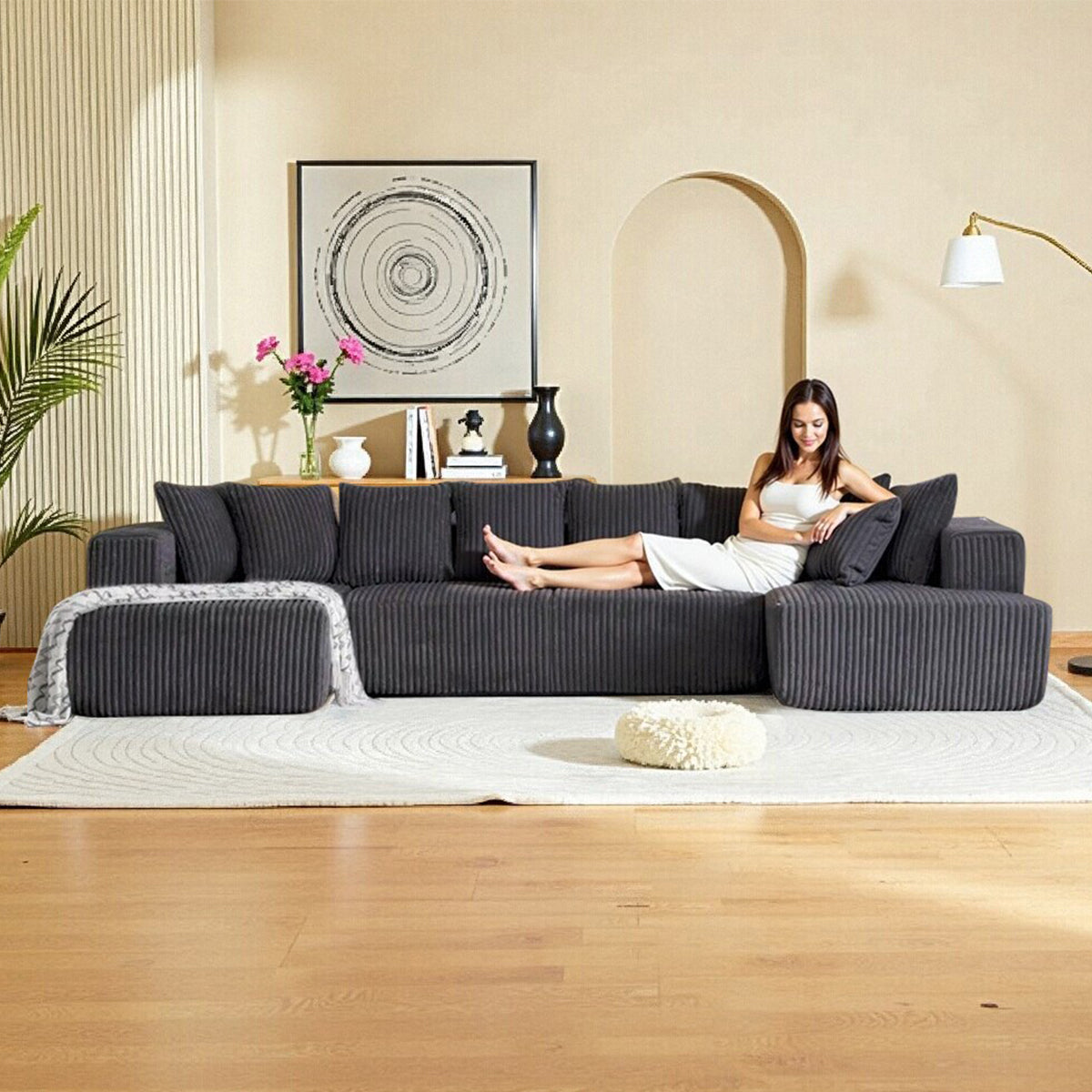 132 Inch Cloud Sectional Couch with L-Shape Chaise,Modern Upholstered Couches with Deep Seat,Corduroy Sponge Compressed Sofa for Living Room, Bedroom,No Assembly Required (Dark Gray, U-Shaped Sofa)