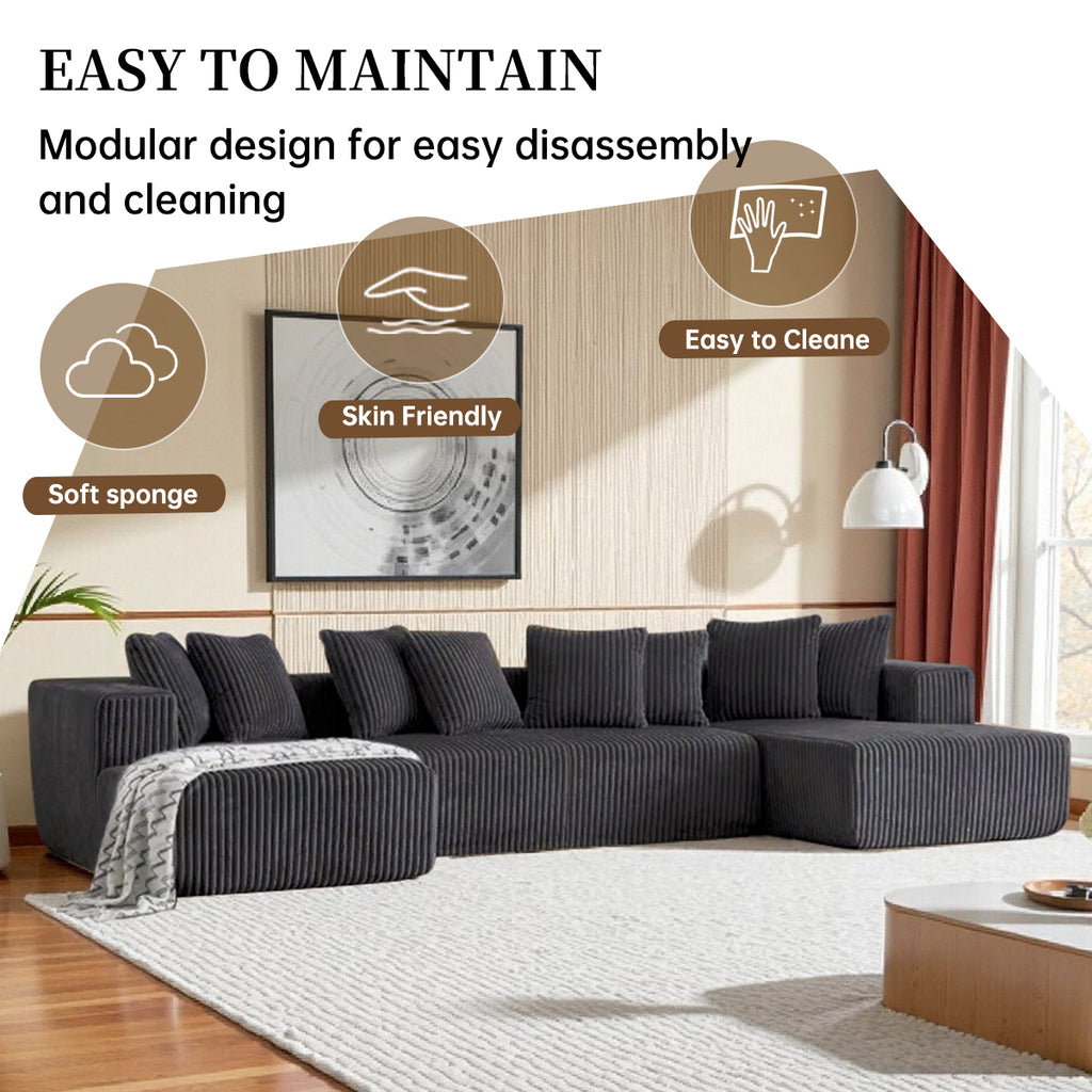 132 Inch Cloud Sectional Couch with L-Shape Chaise,Modern Upholstered Couches with Deep Seat,Corduroy Sponge Compressed Sofa for Living Room, Bedroom,No Assembly Required (Dark Gray, U-Shaped Sofa)