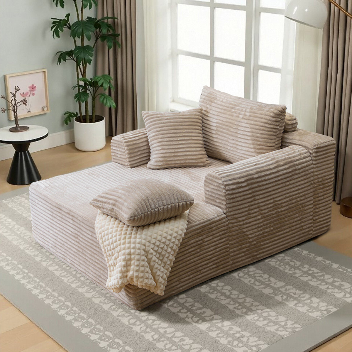 Oversized Chaise Lounge Chair Indoor, Upholstered Corduroy Sleeper Sofa Chair Boneless Couch with 2 Pillows, Comfy Cloud Couch for Living Room, No Assembly Required, Beige 3 Colors