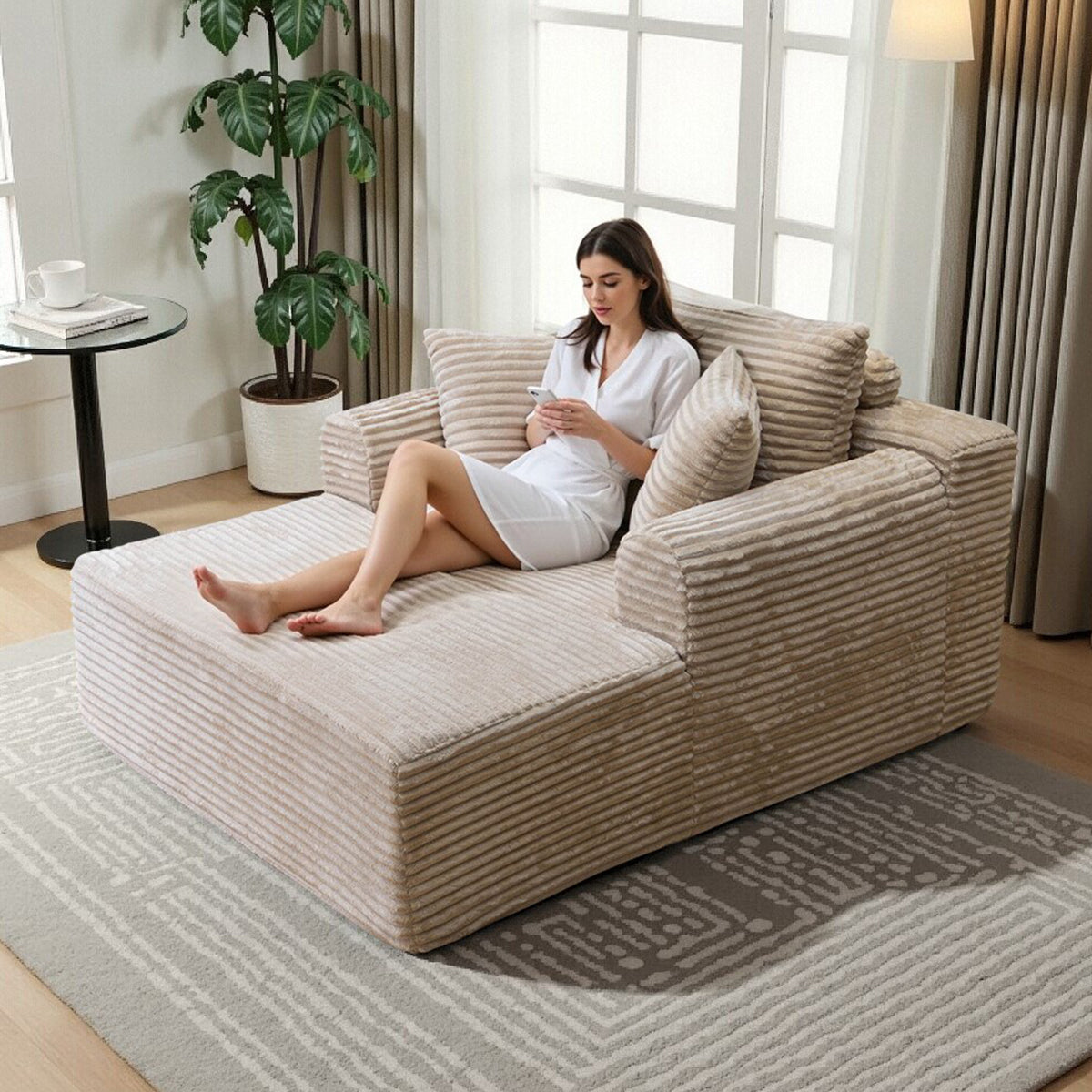 Oversized Chaise Lounge Chair Indoor, Upholstered Corduroy Sleeper Sofa Chair Boneless Couch with 2 Pillows, Comfy Cloud Couch for Living Room, No Assembly Required, Green 3 Colors