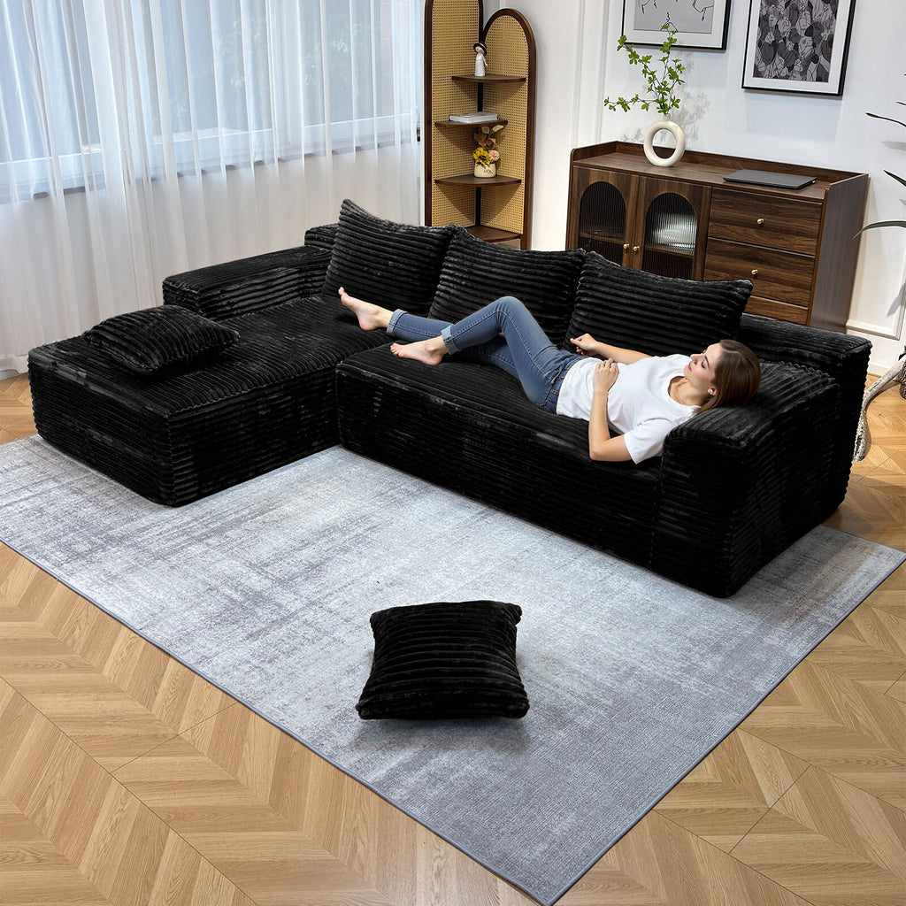104" Boneless Cloud Sectional Couches for Living Room, Comfy Fluffy L Shaped Memory Foam Deep Seat Boneless Couch, Modular Sectional Sofa with Left Facing Chaise, Black