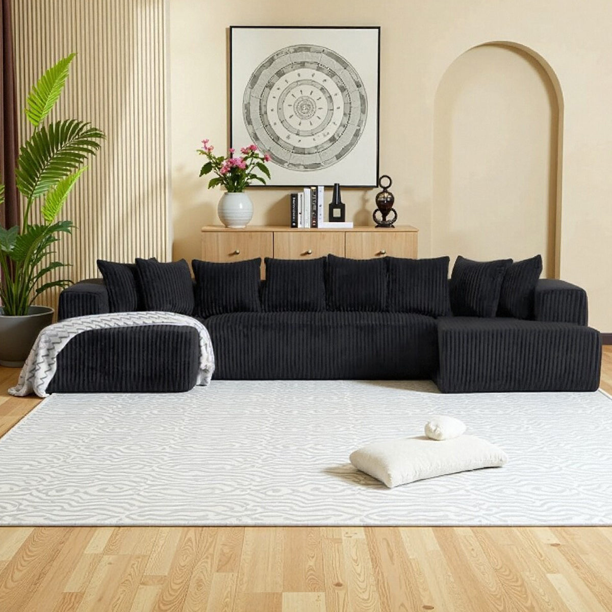 132 Inch Cloud Sectional Couch with L-Shape Chaise,Modern Upholstered Couches with Deep Seat,Corduroy Sponge Compressed Sofa for Living Room, Bedroom,No Assembly Required (Black, U-Shaped Sofa)