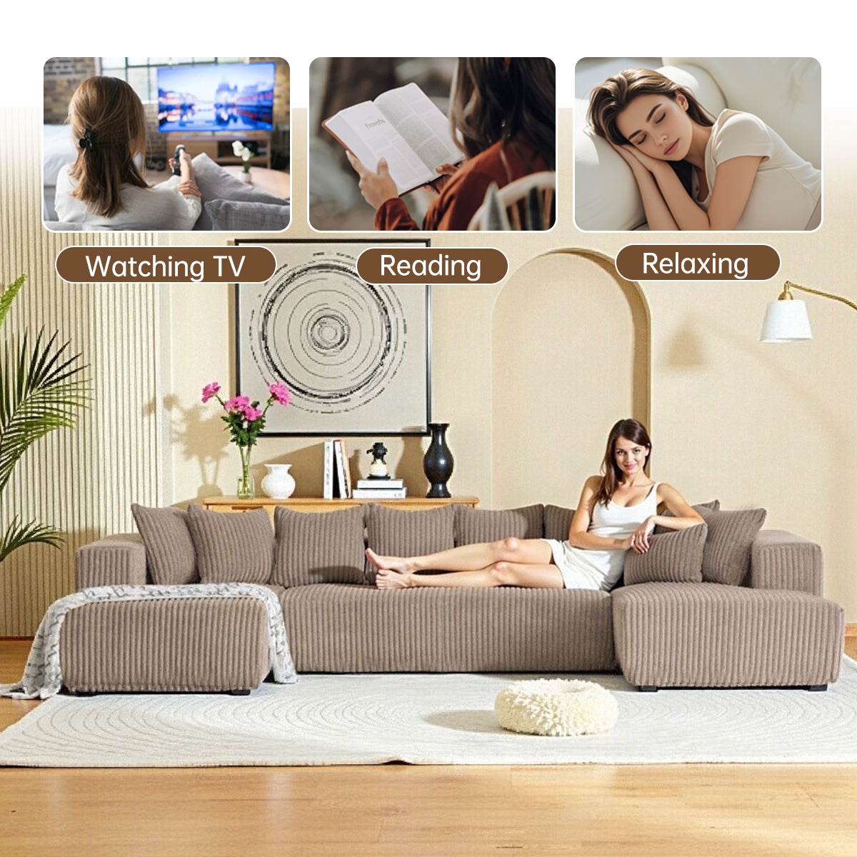 132 Inch Cloud Sectional Couch with L-Shape Chaise,Modern Upholstered Couches with Deep Seat,Corduroy Sponge Compressed Sofa for Living Room, Bedroom,No Assembly Required (Khaki, U-Shaped Sofa)