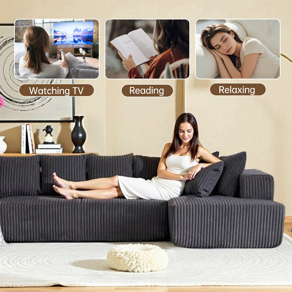 132 Inch Cloud Sectional Couch with L-Shape Chaise,Modern Upholstered Couches with Deep Seat,Corduroy Sponge Compressed Sofa for Living Room, Bedroom,No Assembly Required (Dark Gray, U-Shaped Sofa)