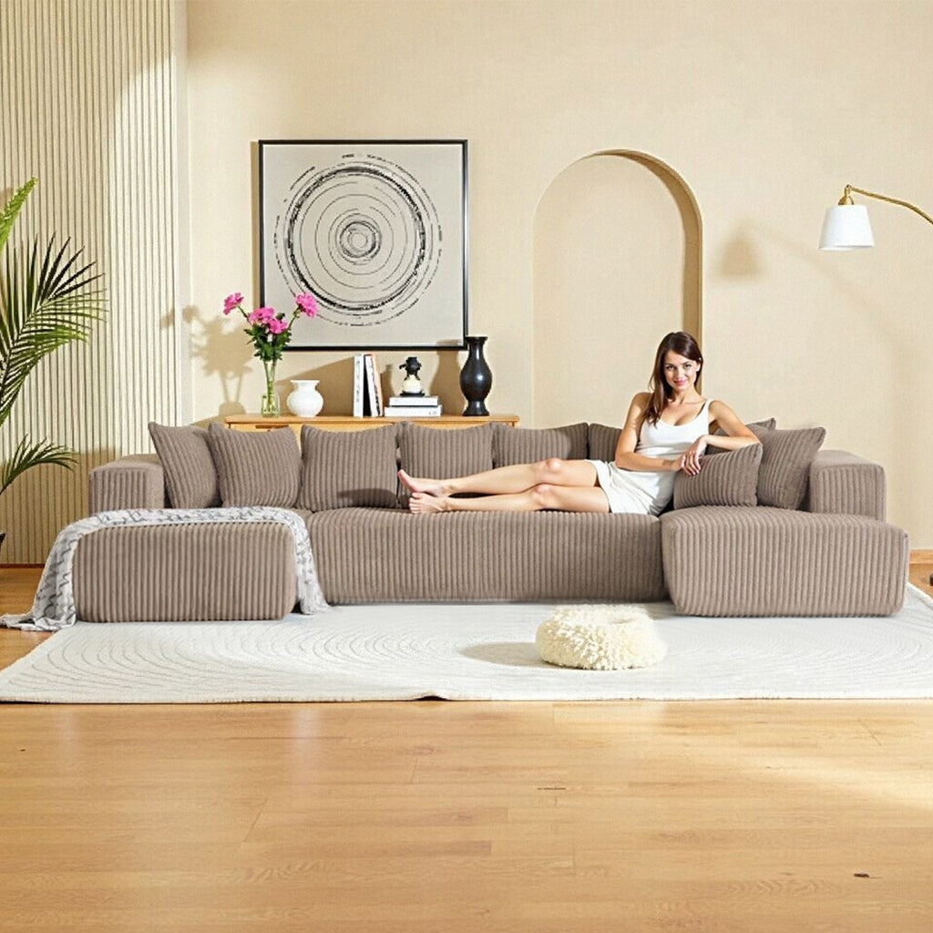132 Inch Cloud Sectional Couch with L-Shape Chaise,Modern Upholstered Couches with Deep Seat,Corduroy Sponge Compressed Sofa for Living Room, Bedroom,No Assembly Required (Khaki, U-Shaped Sofa)