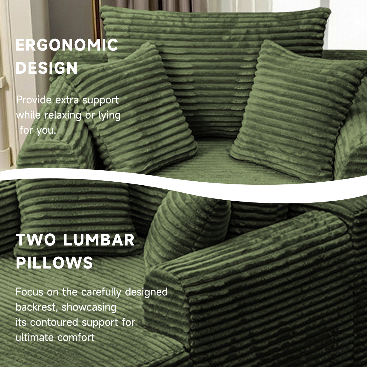 Oversized Chaise Lounge Chair Indoor, Upholstered Corduroy Sleeper Sofa Chair Boneless Couch with 2 Pillows, Comfy Cloud Couch for Living Room, No Assembly Required, Green 3 Colors