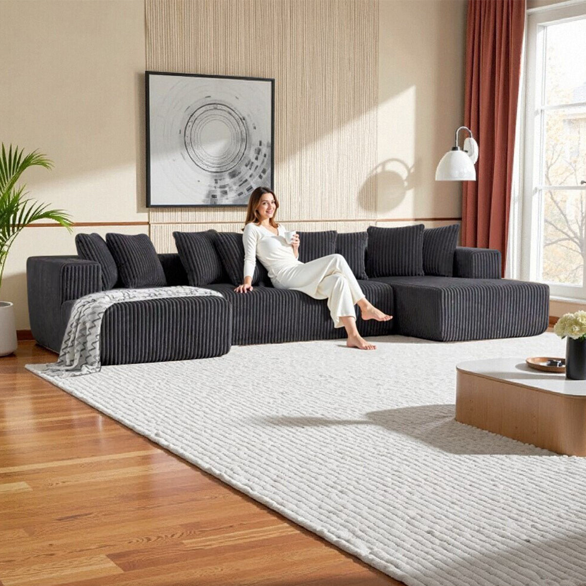 132 Inch Cloud Sectional Couch with L-Shape Chaise,Modern Upholstered Couches with Deep Seat,Corduroy Sponge Compressed Sofa for Living Room, Bedroom,No Assembly Required (Dark Gray, U-Shaped Sofa)