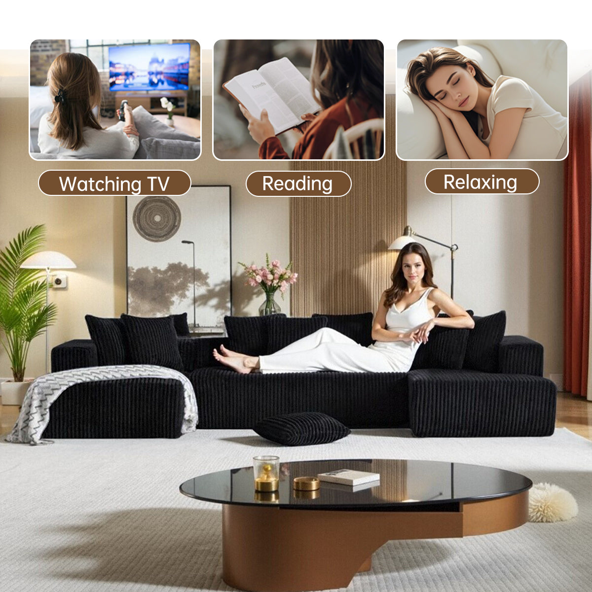 132 Inch Cloud Sectional Couch with L-Shape Chaise,Modern Upholstered Couches with Deep Seat,Corduroy Sponge Compressed Sofa for Living Room, Bedroom,No Assembly Required (Black, U-Shaped Sofa)