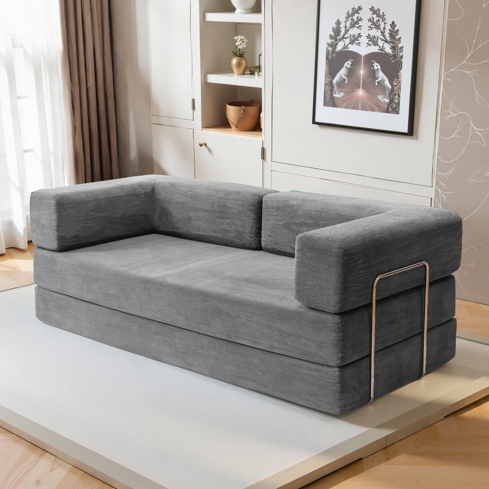 78.7" Convertible Modular Sofa Bed, Oversized Corduroy Cloud Couch, Folding Sleeper Sofa for Living Room, Bedroom & Guest Room Light Gray 4 Colors