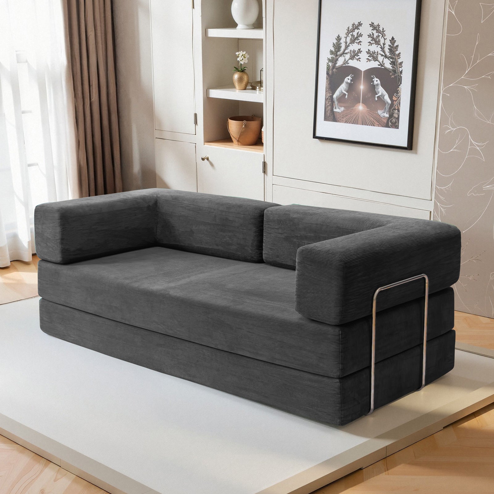 78.7" Convertible Modular Sofa Bed, Oversized Corduroy Cloud Couch, Folding Sleeper Sofa for Living Room, Bedroom & Guest Room Dark Gray 4 Colors