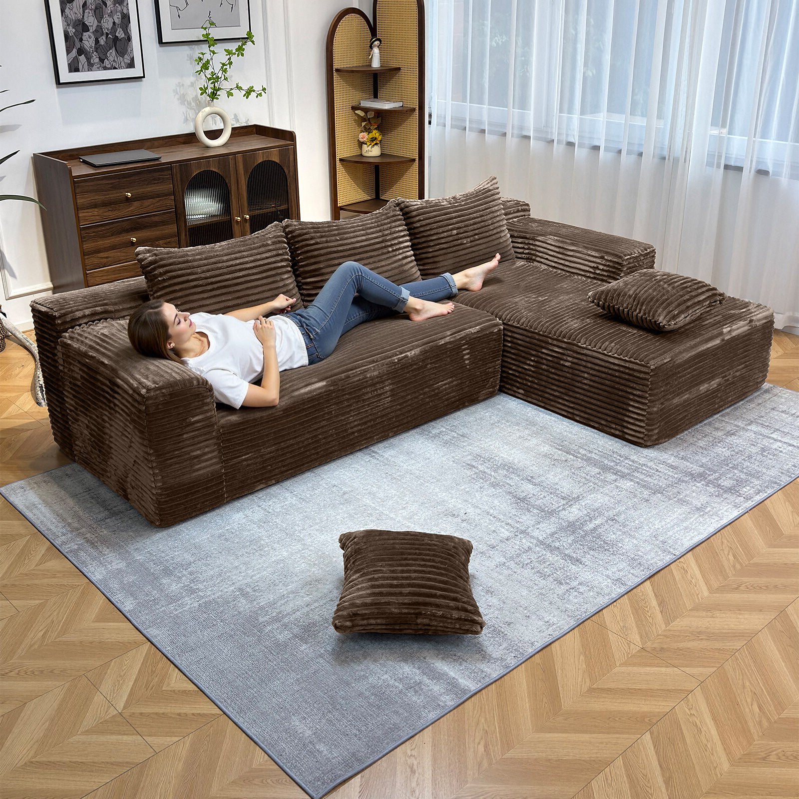 104" Boneless Cloud Sectional Couches for Living Room, Comfy Fluffy L Shaped Memory Foam Deep Seat Boneless Couch, Modular Sectional Sofa with Left Facing Chaise, Coffee