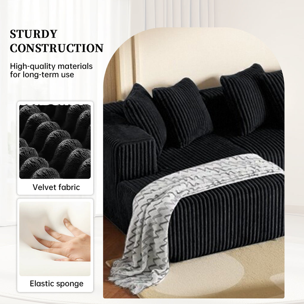 132 Inch Cloud Sectional Couch with L-Shape Chaise,Modern Upholstered Couches with Deep Seat,Corduroy Sponge Compressed Sofa for Living Room, Bedroom,No Assembly Required (Black, U-Shaped Sofa)