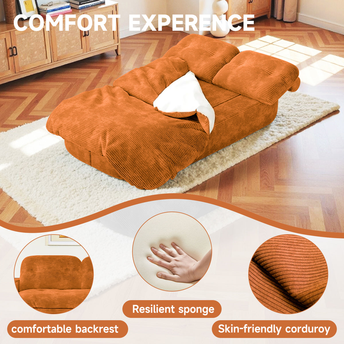 2-in-1 Convertible Modular Sofa Bed with Memory Foam Mattress, 78.74" Space-Saving Sleeper for Living Room, Bedroom & Studio Apartment, No Assembly Required Orange