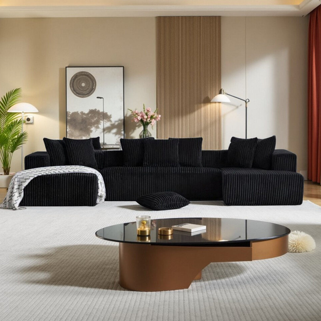 132 Inch Cloud Sectional Couch with L-Shape Chaise,Modern Upholstered Couches with Deep Seat,Corduroy Sponge Compressed Sofa for Living Room, Bedroom,No Assembly Required (Black, U-Shaped Sofa)
