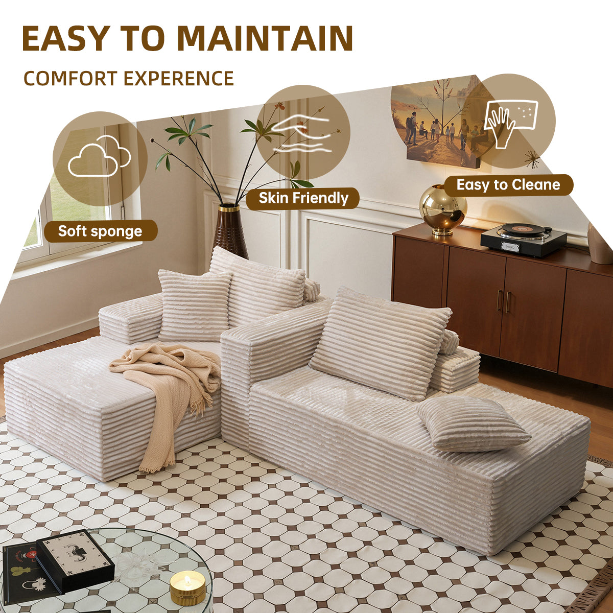 73" W X 67" DOversized Double Chaise Lounge, Boneless Cloud Sectional Couch with 6 Pillows, Comfy Plush Corduroy Sofa Bed, Loveseat Sleeper Chair for Living Room Bedroom Reading, Beige