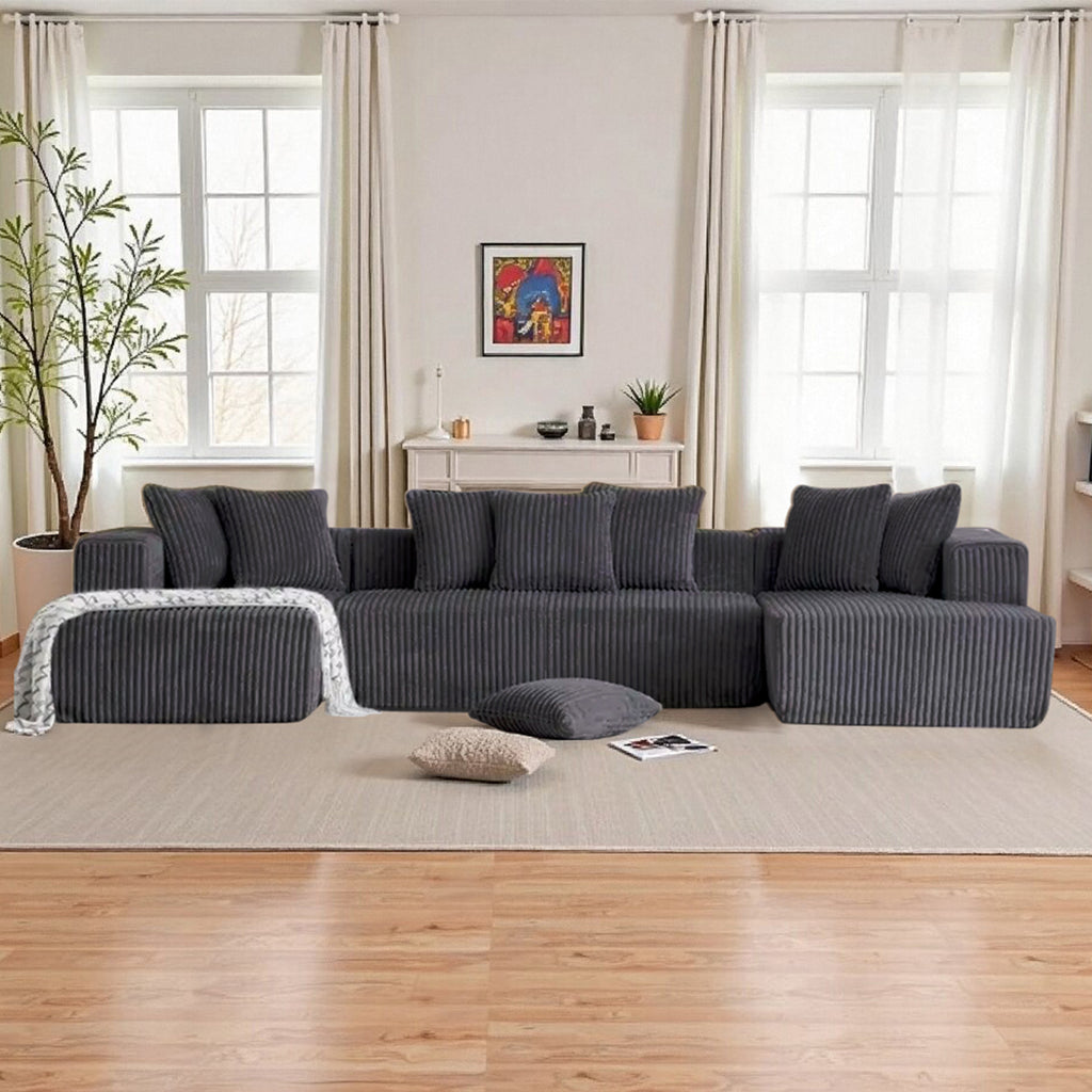 132 Inch Cloud Sectional Couch with L-Shape Chaise,Modern Upholstered Couches with Deep Seat,Corduroy Sponge Compressed Sofa for Living Room, Bedroom,No Assembly Required (Dark Gray, U-Shaped Sofa)