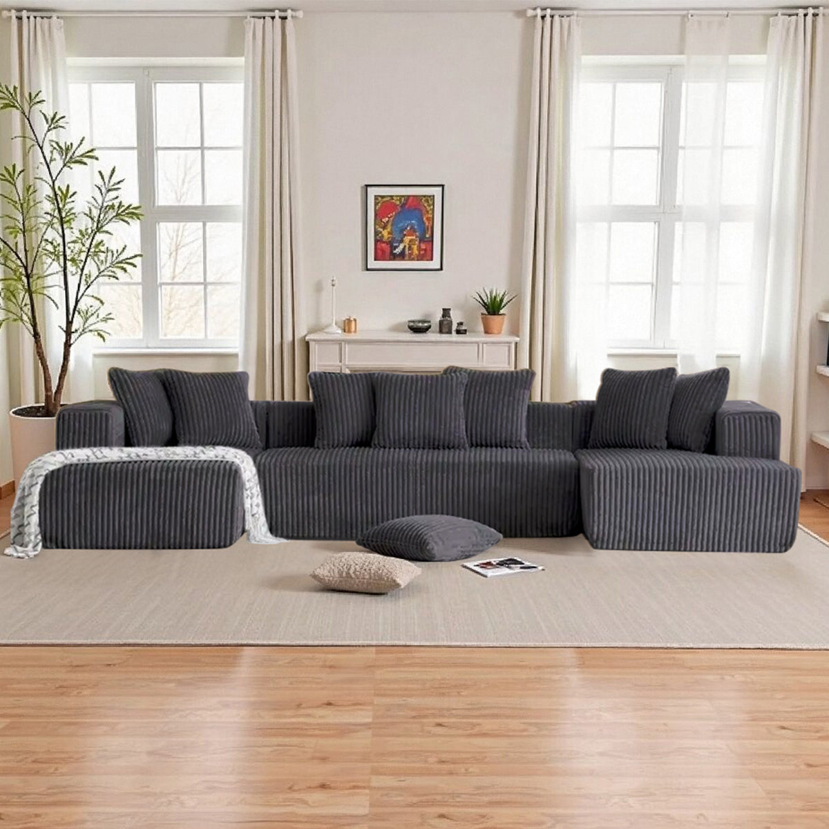 132 Inch Cloud Sectional Couch with L-Shape Chaise,Modern Upholstered Couches with Deep Seat,Corduroy Sponge Compressed Sofa for Living Room, Bedroom,No Assembly Required (Dark Gray, U-Shaped Sofa)