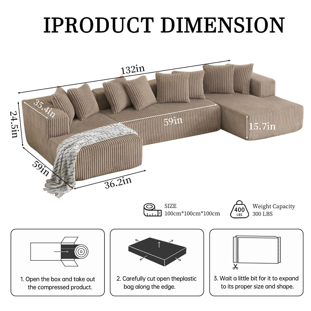 132 Inch Cloud Sectional Couch with L-Shape Chaise,Modern Upholstered Couches with Deep Seat,Corduroy Sponge Compressed Sofa for Living Room, Bedroom,No Assembly Required (Dark Gray, U-Shaped Sofa)