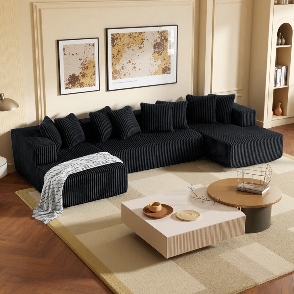 132 Inch Cloud Sectional Couch with L-Shape Chaise,Modern Upholstered Couches with Deep Seat,Corduroy Sponge Compressed Sofa for Living Room, Bedroom,No Assembly Required (Khaki, U-Shaped Sofa)