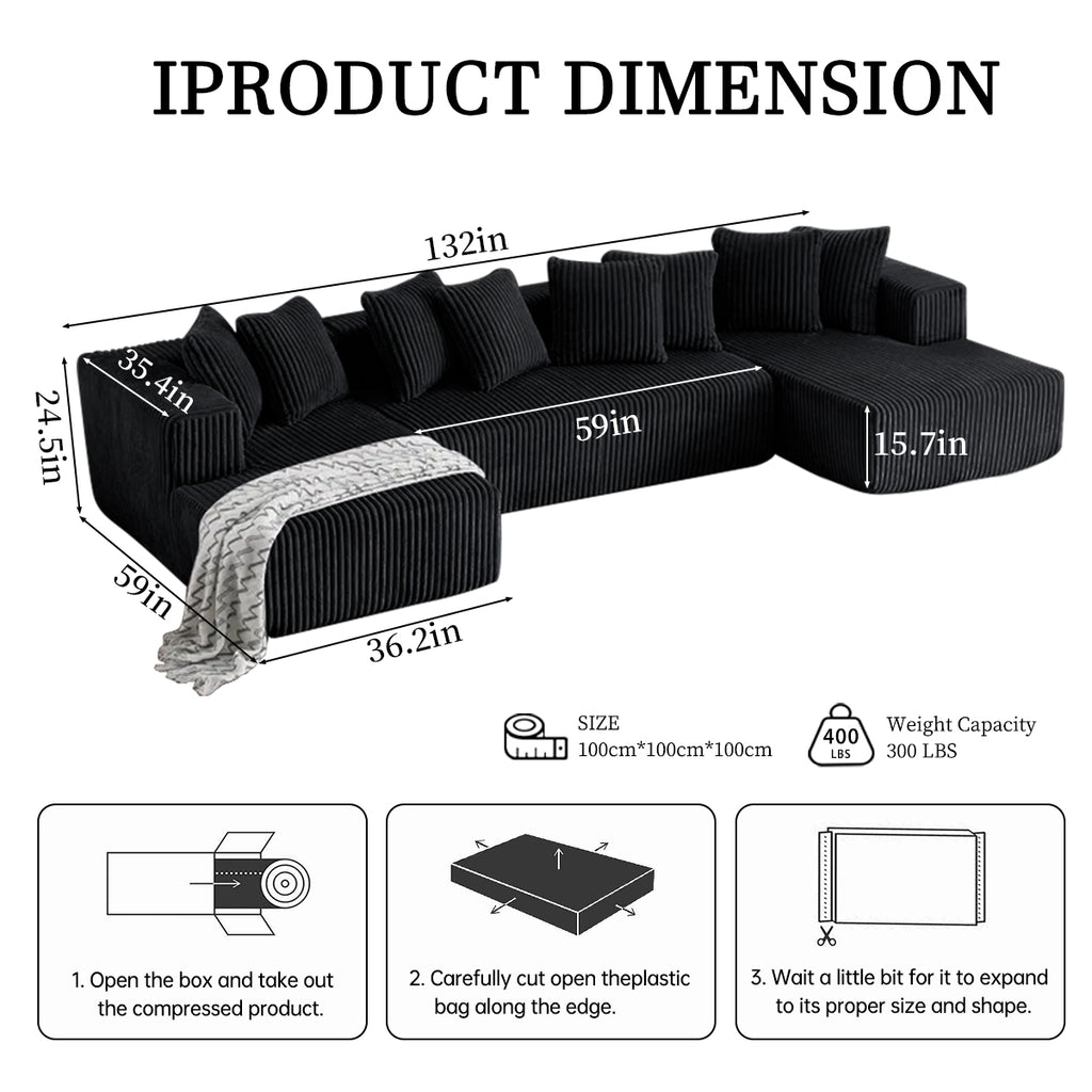 132 Inch Cloud Sectional Couch with L-Shape Chaise,Modern Upholstered Couches with Deep Seat,Corduroy Sponge Compressed Sofa for Living Room, Bedroom,No Assembly Required (Black, U-Shaped Sofa)