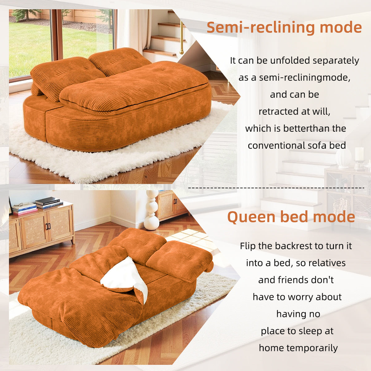 2-in-1 Convertible Modular Sofa Bed with Memory Foam Mattress, 78.74" Space-Saving Sleeper for Living Room, Bedroom & Studio Apartment, No Assembly Required Orange