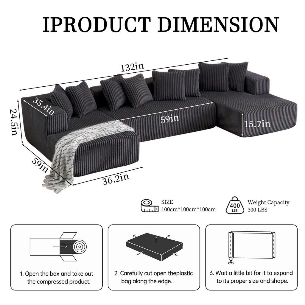132 Inch Cloud Sectional Couch with L-Shape Chaise,Modern Upholstered Couches with Deep Seat,Corduroy Sponge Compressed Sofa for Living Room, Bedroom,No Assembly Required (Dark Gray, U-Shaped Sofa)