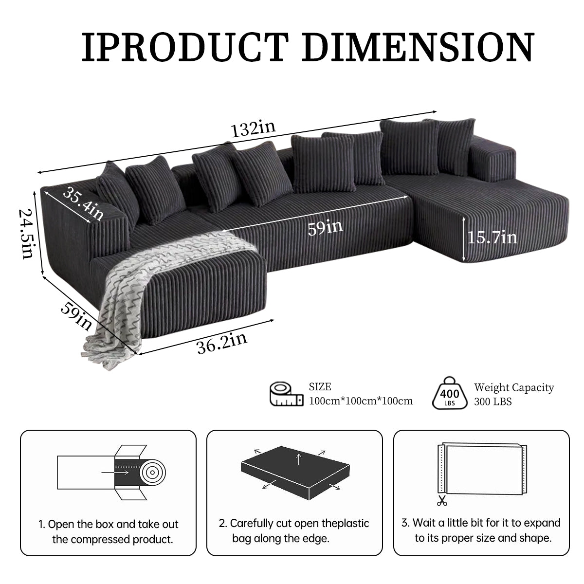 132 Inch Cloud Sectional Couch with L-Shape Chaise,Modern Upholstered Couches with Deep Seat,Corduroy Sponge Compressed Sofa for Living Room, Bedroom,No Assembly Required (Dark Gray, U-Shaped Sofa)