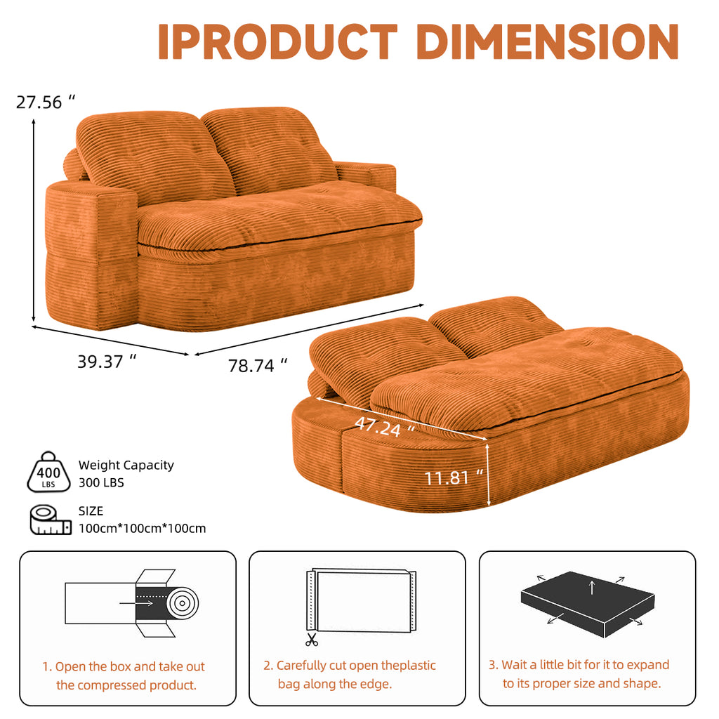 2-in-1 Convertible Modular Sofa Bed with Memory Foam Mattress, 78.74" Space-Saving Sleeper for Living Room, Bedroom & Studio Apartment, No Assembly Required Orange