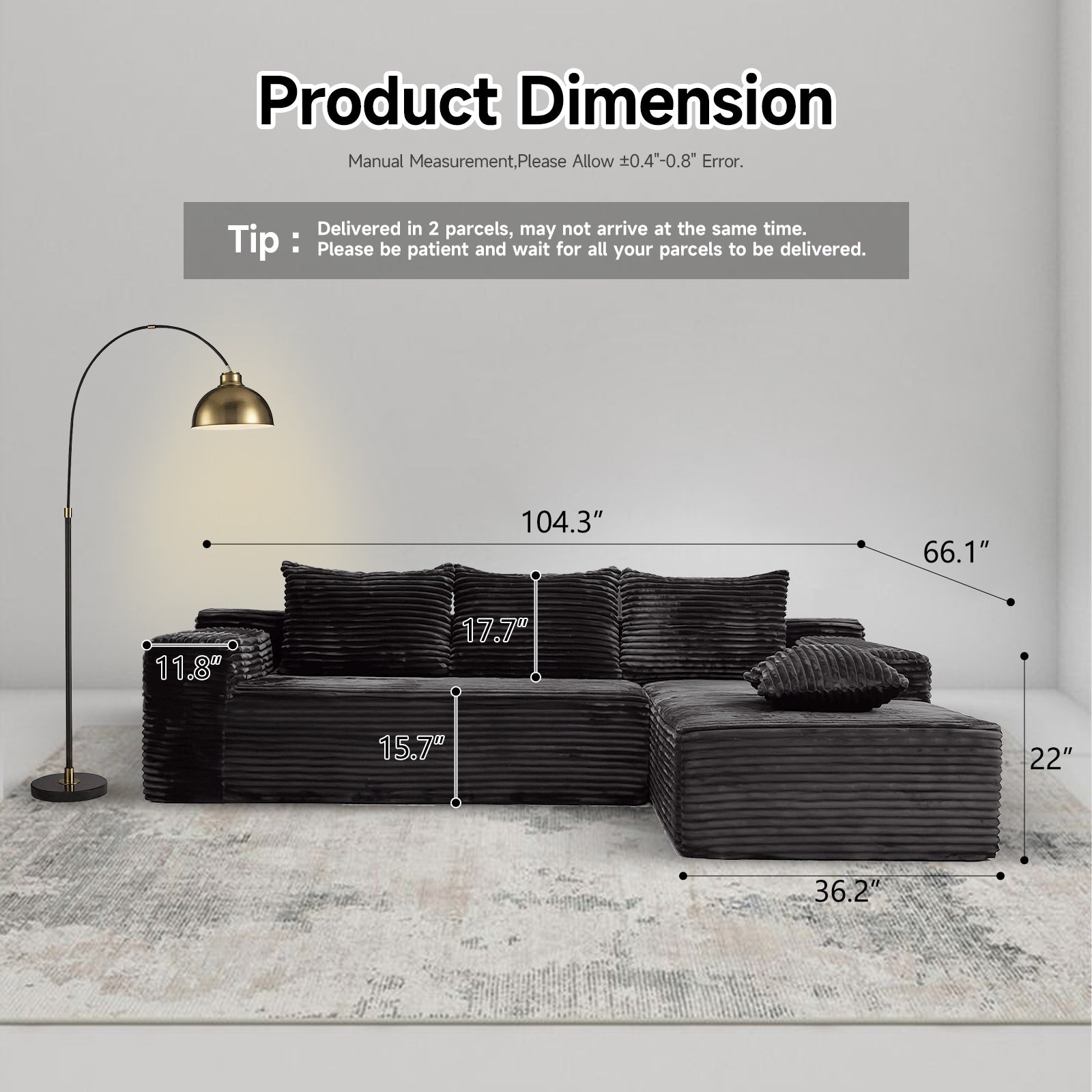 104" Boneless Cloud Sectional Couches for Living Room, Comfy Fluffy L Shaped Memory Foam Deep Seat Boneless Couch, Modular Sectional Sofa with Left Facing Chaise, Grey