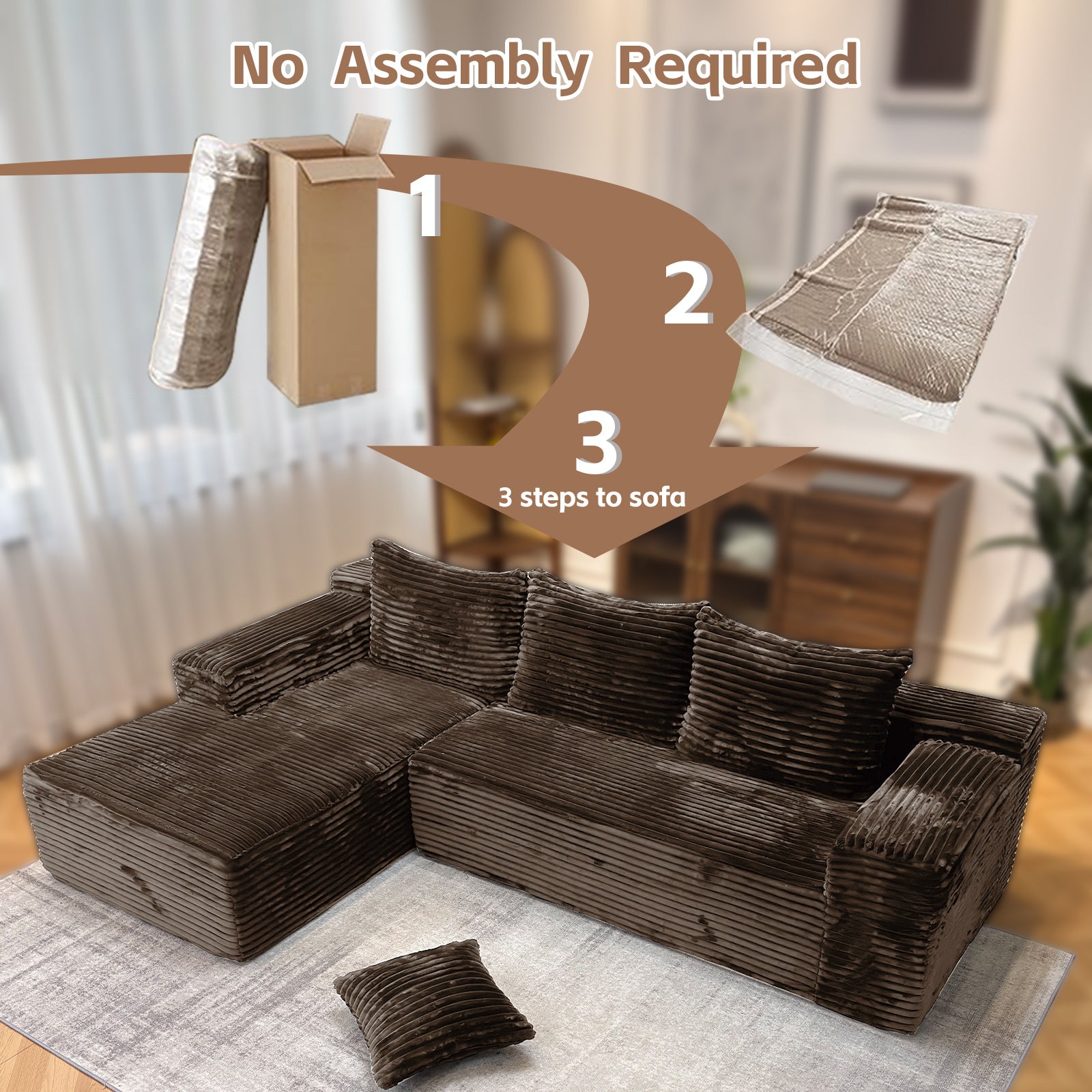 104" Boneless Cloud Sectional Couches for Living Room, Comfy Fluffy L Shaped Memory Foam Deep Seat Boneless Couch, Modular Sectional Sofa with Left Facing Chaise, Coffee