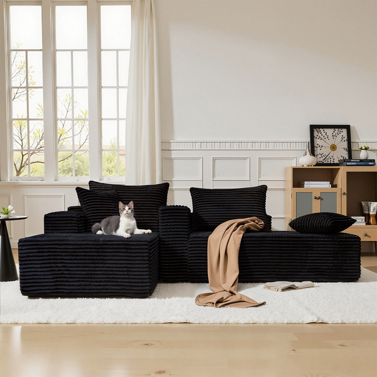 73" W X 67" DOversized Double Chaise Lounge, Boneless Cloud Sectional Couch with 6 Pillows, Comfy Plush Corduroy Sofa Bed, Loveseat Sleeper Chair for Living Room Bedroom Reading, Black